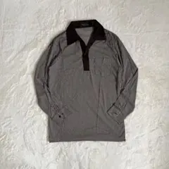 80s ポロシャツ レトロ総柄 長袖 配色襟 L ブラウン ツヤツヤ素材