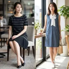 G8383.84*クミキョク☆ワンピース☆2点☆ボーダー☆デニム☆ウール☆リネン