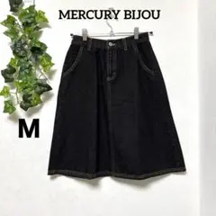 美品【マーキュリービジュー】Aラインデニムスカート ひざ又 ブラック春コーデ Ｍ