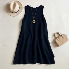 美品nest robeネストローブ　前後着リネン　ロングワンピース濃紺 nest Robe 美品 ネストローブ リネン100％ 七分袖 ミモレ丈