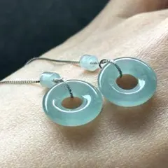 天然本翡翠　A貨　高品質　高氷種　藍水　ドーナツ　S925チェーンピアス　①