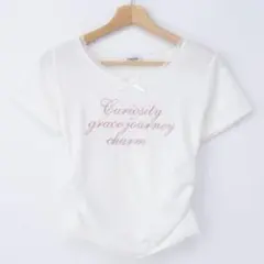 INGNI サイドギャザーリボン付ロゴレースリブトップス