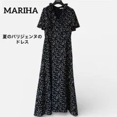 美品マリハ 夏のパリジェンヌのドレス マキシ丈 花柄 総柄 フレアスリーブ 濃紺