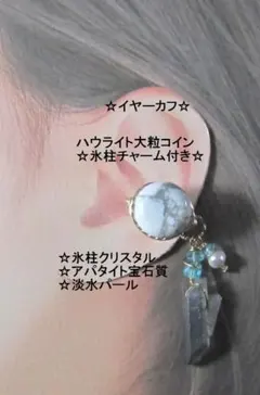 イヤーカフ☆ハウライト大粒コイン＆氷柱チャームGOLDハンドメイド