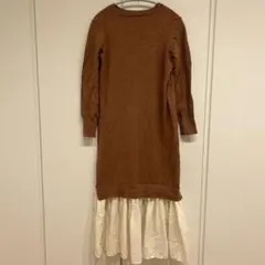 美品✨【M】ブラウンニットロングフレアワンピース