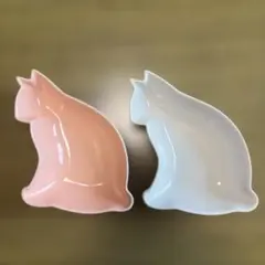 猫デザイン皿　かわいいプレート　アクセサリートレー　ホワイト&ピンクセット