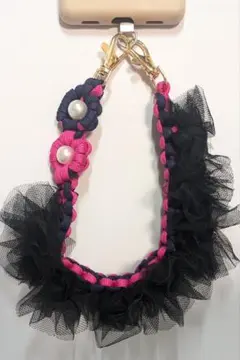 パラコードスマホハンドストラップ♡ネイビー×ピンク フリル付き