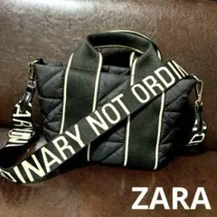 ZARA 2wayバッグ キルティング ナイロン ショルダーバッグ黒 ロゴ紐
