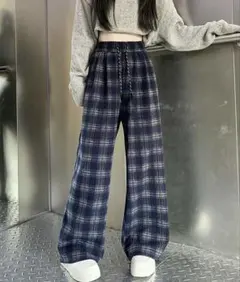 チェックワイドイージーパンツ M