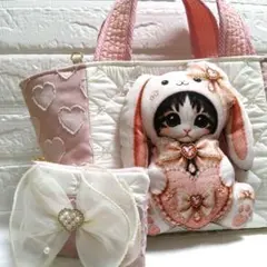 パネル猫さんトートバッグ コヤンイサムチョン リボン刺繍キルト&ヌビ