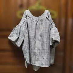 オフショルダー チェック柄 半袖シャツ