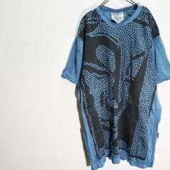 シワ加工エスニックTシャツ　ドットで出来た大仏の顔　藍色