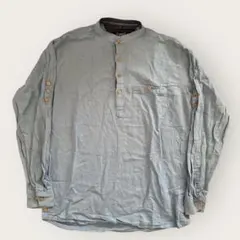 バンドカラー ヘンリーネック くすみブルー リネン風シャツ L レディース 古着