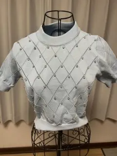 美品ライトブルー 半袖ニットセーター ダイヤモンドパターン