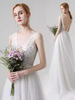 シンプル レース ウェディングドレス ノースリーブ ロング丈