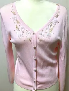 美品☆Aveniretoile 花柄刺繍　パール　Vネックカーディガン 36
