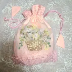【お値下】巾着袋 ピンク 薔薇 レース バッグ ポーチ 新品未使用