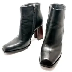 スクエアトゥ レザーショートブーツ 黒 36 太ヒール