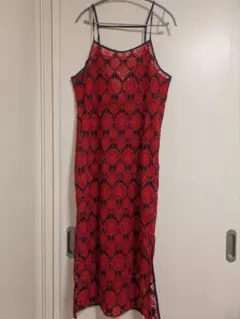 み*。様 レースパターン キャミワンピース レッド/ネイビー