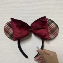 ミッキー耳カチューシャ チェック柄 赤リボン　ディズニー