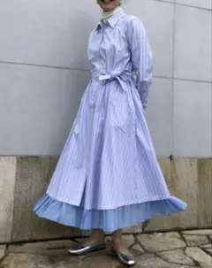 UNIQLO ユニクロ ストライプコットンAラインシャツワンピース　L ブルー
