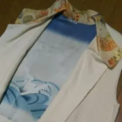 値下げ❗【波形高級カシミヤ、白袖無コ―ト】（有名作家作）帯、綸子の貼り付け635
