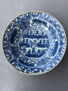 明時代大皿古陶器 中国古美術 染付 楕円皿 骨董品 アンティーク幅約