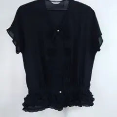 ブラック 半袖 フリルブラウスのサムネイル