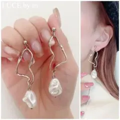 908 シルバーニュアンスフープ ピアス 変形フェイクパール お洒落のサムネイル