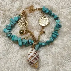 ターコイズブルー ブレスレット ゴールド シェル エッフェル塔 天然石風