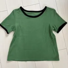無地リブTシャツ／カットソーＭグリーン×ブラックのサムネイル