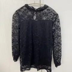 黒 レース 長袖ブラウス フリル付き