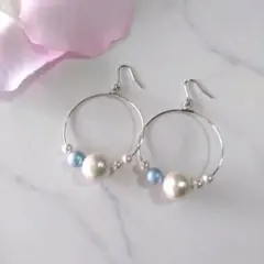 ☆コットンパール×スワロフスキークリスタルパール☆フープピアス(ブルー系)