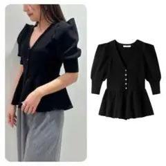 SNIDEL(スナイデル) ペプラムパフカーディガン 黒 BLK ニットトップス