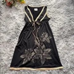 Vネックチュニック　ワンピース　【M】　ブラック　レース　花柄　ラメ入り　リボン
