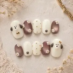 ネイルチップ　マグネット　犬ネイル　韓国　春夏　ちゅるん　フラワー　淡色　ピンク
