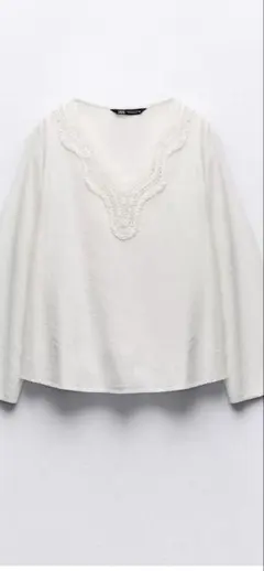 ZARA ホワイト レース装飾 長袖シャツ M