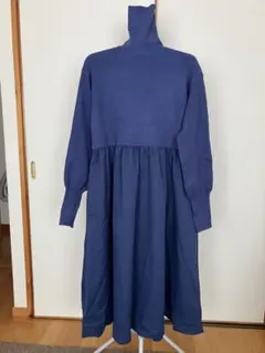 ニット切り替えワンピース ハイネック ネイビー ロング丈