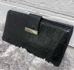 良品✨GUCCI 長財布　ロゴプレート　シマ　フラップ　Wホック　メンズ