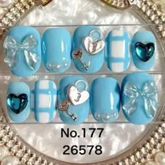 子供用　ネイルチップ　水色　チェック　リボン　ベリーショート　26578のサムネイル