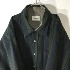 【個性派古着】長袖総柄デザインシャツ　ストライプ柄　起毛　紺色　メンズ LL