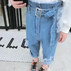【新品未使用】ベルトデザインハイウエストクラッシュデニムパンツ80サイズ