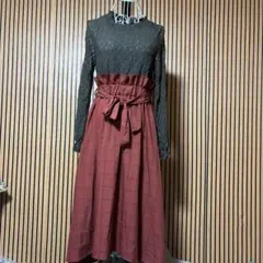 AxesFemme レース長袖チェック柄ロングワンピース