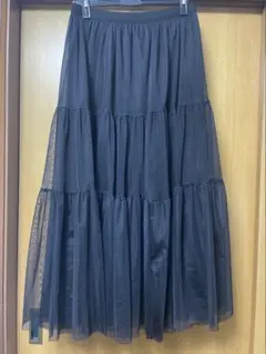 ブラック　チュールスカート　M ティアード　ロングスカート