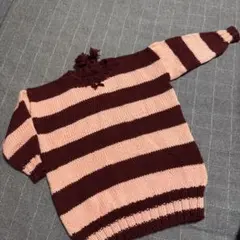ボルドーとピンクのストライプ長袖カットソー