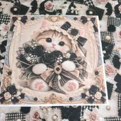 未使用　猫ちゃんパネル生地＆ツイードパッチワークレース風薔薇リボン柄生地