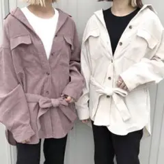 新品未使用GU コーデュロイ オーバーサイズ シャツ ベルト付きアイボリーXXL