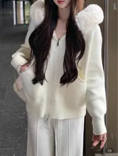 【新品未使用】フード付きニットセーター ホワイト JP-M(M)