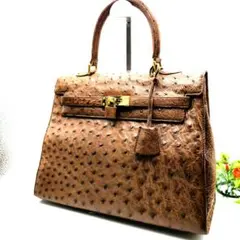 【美品】オーストリッチ/ベルトデザイン/クロシェット 南京錠付/ハンドバッグ 美品】オーストリッチ/ベルトデザイン/クロシェット 南京錠付