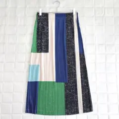 マルチカラー プリーツロングスカート 切替デザイン 幾何学柄 個性的